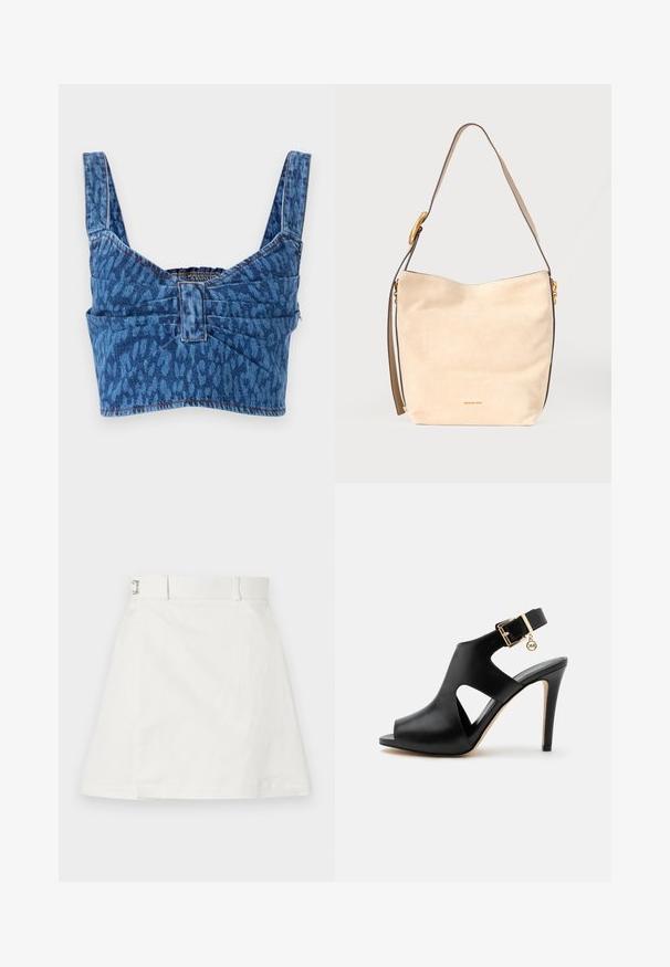 Τζιν crop top με φαρδιές τιράντες, διακοσμημένο με μπλε σχέδιο ζώου, με σούρα στην πλάτη και εκτεθειμένες ραφές κατά μήκος των άκρων.; Soulland SKIRT - Τζιν φούστα - white; Μαύρο δερμάτινο πέδιλο με ψηλό τακούνι, ανοιχτή μύτη, πλαϊνά ανοίγματα, λουράκι στον αστράγαλο, χρυσή αγκράφα και μικρό στρογγυλό γούρι σε φωτεινό φόντο.; Μπεζ σουέντ τσάντα ώμου με ένα ρυθμιζόμενο λουράκι, αγκράφα σε χρυσό τόνο και μικρό λογότυπο Michael Kors στο μπροστινό μέρος.