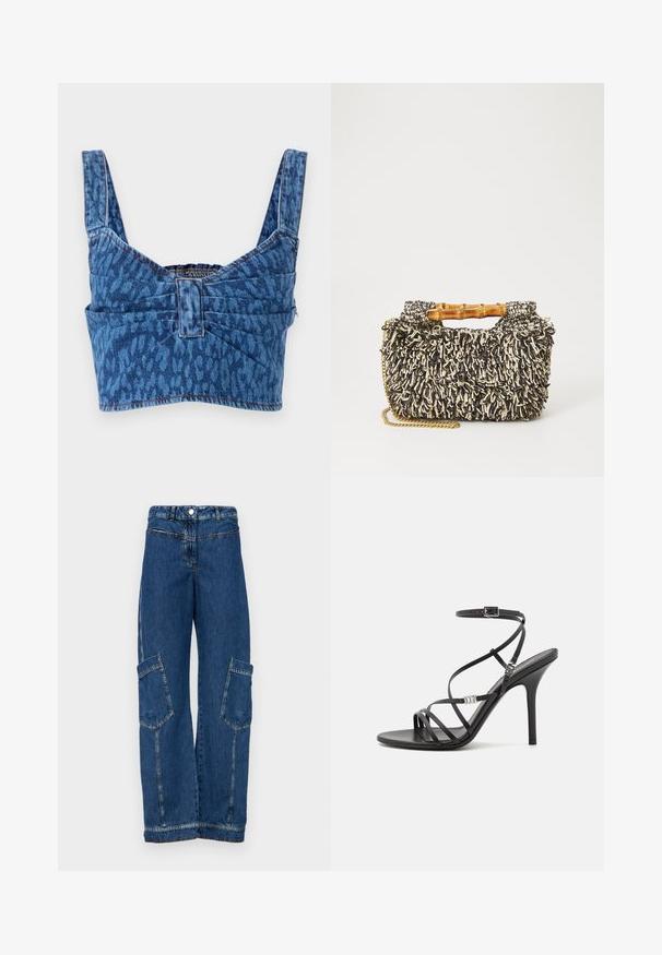 Denim crop top met brede banden, met een blauw dierenprintpatroon, geplooide achterkant en zichtbare stiksels langs de randen.; Blauwe denim cargo broek met een hoge taille, wijde pijpen, twee grote zijzakken en traditionele klinknagel- en stikdetails.; Zwarte hoge hakken sandaal met dunne banden, een enkelgesp, een gladleren oppervlak en een slanke stilettohak.; Geweven tas met een gestructureerd zwart-en-crème patroon, bamboe handvat en een afneembare gouden kettingriem. Compacte rechthoekige vorm.