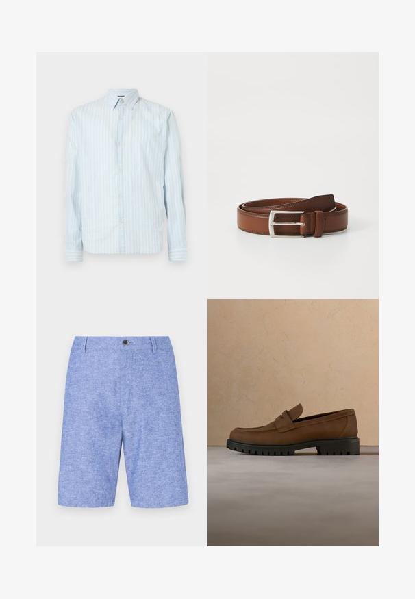 Lyseblå skjorte med knapper og hvide lodrette striber, klassisk krave, lange ærmer og to knapdetaljer på ærmerne.; Lysblå shorts i et tekstureret materiale med knaplukning fortil og sidelommer, i en lige skæring og knælangt design.; Mørkebrune læderloafer med tyk sort gummisål vist over en beige tæppe- og sofa baggrund.; Brun læderbælte med en glat overflade, præget af en sølvfarvet metalspænde og diskret syning langs kanterne. Klassisk og holdbart design.