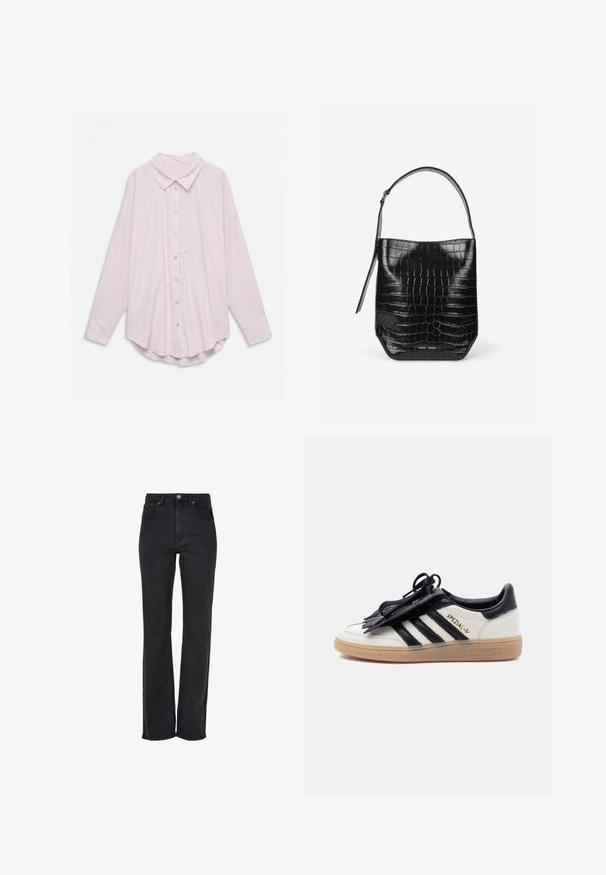 Hellrosa langärmliges Hemd mit dünnen vertikalen weißen und rosa Streifen, spitzem Kragen und abgerundetem Saum.; Schwarze gerade Jeans, hochgeschnitten, aus Denim, mit einem vorderen Knopfverschluss und einem Fünf-Taschen-Design mit subtilen Nähdetails.; Weißer und schwarzer Adidas Spezial Sneaker mit Gummisohle, schwarzen Streifen und schwarzer Schnürsenkelabdeckung auf einfarbig hellem Hintergrund.; Schwarze Beuteltasche aus krokodilhautgeprägtem Leder mit einem einzelnen Schulterriemen und kleinem silbernen Markenlogo vorne unten in der Mitte.