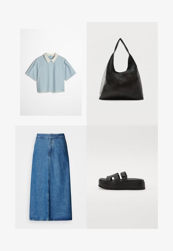 Blouse à manches courtes à rayures verticales bleu clair et blanc avec un col pointu blanc et des fentes latérales sur un fond uni.; Jupe midi en denim à coupe décontractée, avec une taille haute, un ourlet effiloché et une couleur bleu uni. Design simple sans ornements visibles.; Sandales à plateforme noires avec deux larges brides, en matériau lisse. Présentent une semelle épaisse avec un dessous texturé pour l'adhérence.; Sac bandoulière en cuir noir lisse avec une large sangle unique et un design décontracté et minimaliste sur un fond uni.