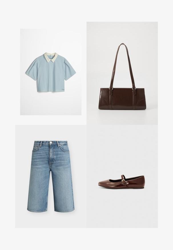 Blouse à manches courtes à rayures verticales bleu clair et blanc avec un col pointu blanc et des fentes latérales sur un fond uni.; Shorts en denim bleu clair longueur genou avec fermeture avant à bouton et zip, passants de ceinture et poches avant, présentés sur un fond uni.; Ballerine en cuir verni marron avec un bout carré et une lanière ornée d'une petite boucle dorée. Texture lisse, talon bas et design minimaliste.; Sac à main en cuir verni marron de forme rectangulaire, avec deux longues poignées et des accents courbés subtils à l'avant.