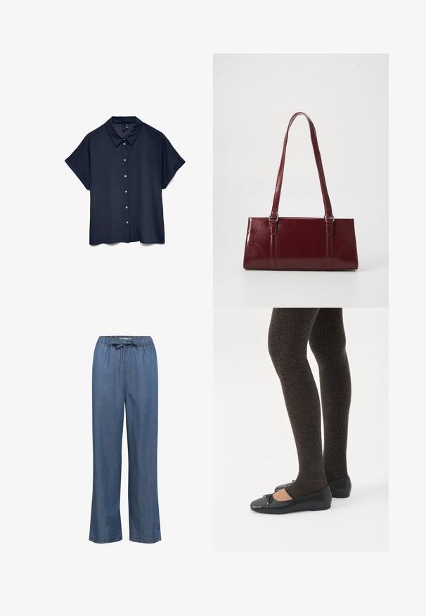 Chemise à manches courtes bleu marine avec col et sept boutons blancs sur le devant.; Pantalon en denim à jambes larges dans une teinte bleu moyen, doté d'une taille élastique avec un cordon de serrage réglable et d'une coupe droite pour un ajustement décontracté.; Jambes portant des leggings côtelés foncés associés à des ballerines noires avec de petits détails en nœud sur fond blanc.; Sac à main bordeaux en matériau brillant, de forme rectangulaire, avec deux anses et des accents légèrement courbés à l'avant.