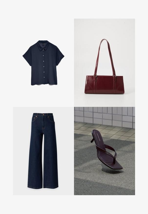 Chemise à manches courtes bleu marine avec col et sept boutons blancs sur le devant.; Jean en denim bleu foncé à jambes larges avec cinq poches et détails de rivets en cuivre sur un fond clair uni.; Sandale à talon brun foncé avec bout carré et fines brides flottant au-dessus d’un pavement texturé près d’un mur carrelé.; Sac à main bordeaux en matériau brillant, de forme rectangulaire, avec deux anses et des accents légèrement courbés à l'avant.