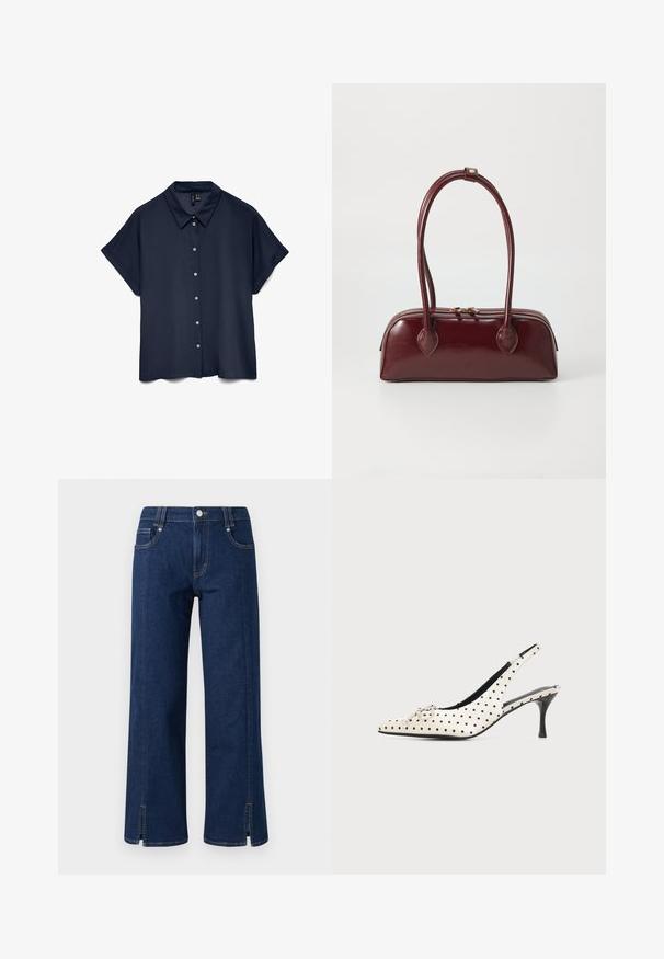 Marineblaue Kurzarm-Hemd zum Knöpfen mit Kragen und sieben weißen Knöpfen an der Vorderseite.; Dunkelblaue Denim-Jeans mit weitem Bein und hoher Taille, mit seitlichen Taschen, einem Frontknopfverschluss und Schlitzsäumen für zusätzliche Details.; Weißer Leder Slingback High-Heel-Schuh mit schwarzen Punkten und einer kleinen dekorativen Schleife auf der spitzen Schuhspitze vor schlichtem Hintergrund.; Burgunderfarbene Ledertasche mit geschwungener Form, doppelten Tragegriffen, Reißverschlussverschluss und dezenten Steppdetails. Glatte, hochglänzende Oberfläche.