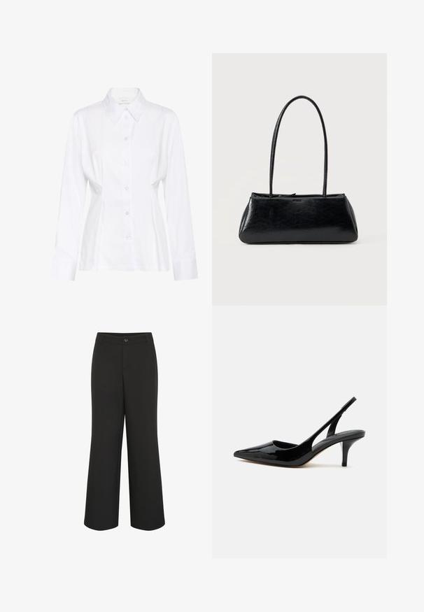 Hvid langærmet skjorte med knapper, spidst krave, figursyet talje og synligt mærke "Gestuz" inde i kraven.; Culture CUALAINE - Bukser - black; Sort laklæder slingback kitten heel sko med spids tå og lav, slank hæl på hvid baggrund.; Sort rektangulær skuldertaske med lange tynde stropper og en glat, blank tekstur på en ensfarvet baggrund.