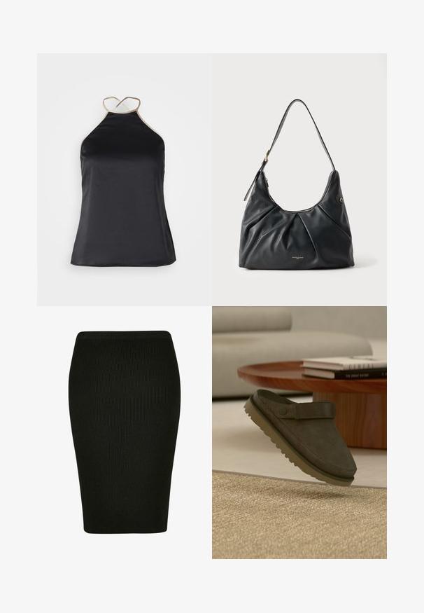 NA-KD CONTRAST DETAILED - Top - black; Zwarte geribbelde kokerrok met een aansluitend ontwerp. Heeft een hoge tailleband en gestructureerde stof, waardoor een soepele silhouet ontstaat.; Donkergroene suède instapper met een gestructureerd bovenwerk en een band over de wreef, voorzien van een rubberen zool met een multidirectioneel profiel.; Zwarte leren schoudertas met geplooide voorkant, verstelbare riem, gouden ritssluiting en klein gouden merklogo aan de voorkant in het midden.