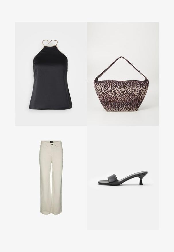 NA-KD CONTRAST DETAILED - Débardeur - black; Pantalon en denim crème à jambe large, avec fermeture à bouton et zip, cinq poches et détails de couture subtils. En matière de coton.; Mules noires à talons avec une tige en cuir lisse et mat, orteils ouverts, large sangle sur le cou-de-pied et talon carré fin.; Sac à épaule en tissu avec imprimé léopard, de forme large et asymétrique, surface texturée et une seule bandoulière rembourrée.