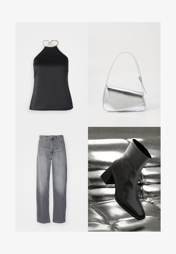 NA-KD CONTRAST DETAILED - Top - black; Weekday RAIL MID LOOSE STRAIGHT - Jeans Straight Leg - misty grey; Sorte ankelstøvler lavet af glossy materiale med firkantet tå og spidse hæle, sat mod en skinnende sølv tuftet baggrund.; Sølvmetallic håndtaske med en trekantet form, glat overflade og en tynd, justerbar skulderrem. Har et fold-over design med syninger.