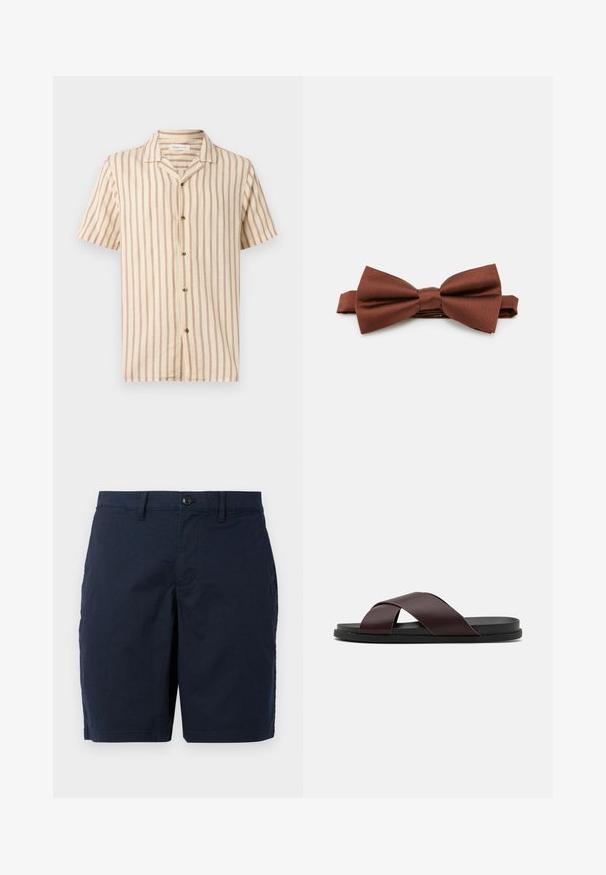 Camisa beige de manga corta con rayas verticales marrones, cierre frontal con botones y cuello abierto.; Pantalones cortos azul marino hechos de tejido ligero. Presentan un cierre de botón, parte delantera plana y dos bolsillos laterales. Diseño clásico de corte recto.; Sandalia deslizante de tiras cruzadas en color marrón con acabado mate, suela negra plana y textura suave. Diseño minimalista sin herrajes visibles.; Pajarita de satén marrón con una textura suave, que presenta un nudo central y una correa ajustable, adecuada para ocasiones formales.