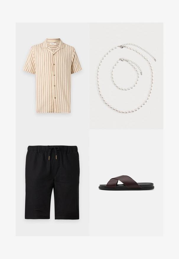 Camisa beige de manga corta con rayas verticales marrones, cierre frontal con botones y cuello abierto.; Pantalones cortos negros hasta la rodilla con cintura elástica, cordón negro con puntas de metal dorado y trabillas para cinturón sobre un fondo blanco.; Sandalia deslizante de tiras cruzadas en color marrón con acabado mate, suela negra plana y textura suave. Diseño minimalista sin herrajes visibles.; Collar de perlas y pulsera a juego con broches de cadena de plata, dispuestos sobre un fondo blanco.