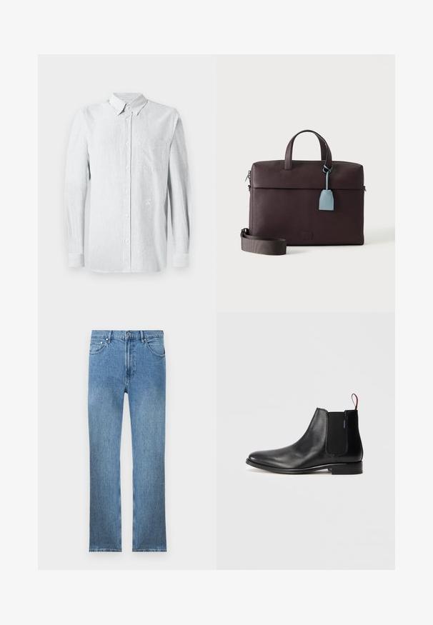 Gestreiftes Langarmhemd in Hellblau und Weiß, mit einem Button-Down-Kragen, einer Brusttasche und einem dezenten Logo auf der Brust.; Hellblaue Jeans aus Denim mit geradem Schnitt, fünf Taschen, einem Reißverschluss und kontrastierender Naht. Der Stoff hat eine glatte, strukturierte Oberfläche.; Schwarze Leder-Chelsea-Stiefel mit elastischem Seitenpaneel und einer roten Schlaufe an der Rückseite, auf einem schlichten weißen Hintergrund präsentiert.; Dunkelbraune Leder-Aktentasche mit oberen Griffen, abnehmbarem Schulterriemen und hellblauem Lederanhänger, der von einem Griff hängt.