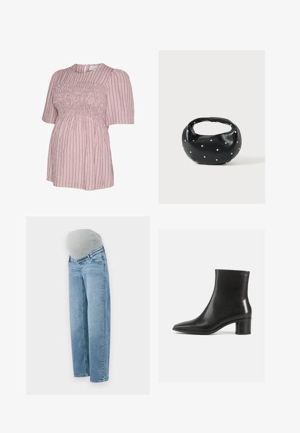 Lyserød og hvid vertikalt striped graviditetsbluse med korte pufærmer og smockdetaljer på overkroppen, med knaplukning med nøglehul på ryggen.; Graviditetsjeans med en lys blå vask, afslappet pasform og grå elastisk mavebånd for komfort og fleksibilitet under graviditeten.; Sort læderankelstøvle med spids tå og en mellemhøj blokhælk. Glat tekstur og minimalistisk design. Ingen synligt hardware.; Sort læderhåndtaske med en rundet form, dekoreret med sølvnitter, og et kort håndtag. Glat tekstur og lynlåslukning.