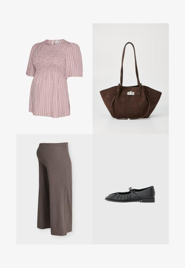 Blouse de maternité à rayures verticales roses et blanches avec manches courtes bouffantes et détail de corsage froncé, dotée d'une fermeture à bouton en forme de goutte d'eau au dos.; Pantalon de maternité marron en maille côtelée à jambes larges avec taille élastique, conçu pour le confort et l'élasticité sur le ventre de grossesse.; Chaussure plate noire avec design plissé à l'avant et un nœud noué sur le dessus, petit talon, et texture lisse sur un fond gris clair.; Sac fourre-tout en cuir suédé brun avec une forme structurée, doté d'un fermoir en métal argenté et de deux poignées. Texture lisse avec des coutures d'accent.
