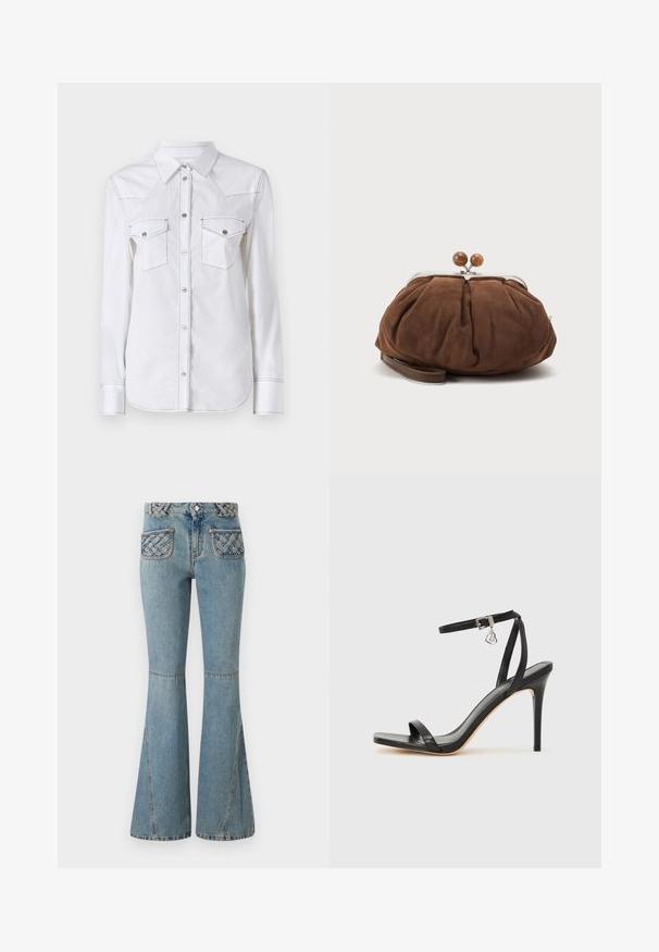 Chemise blanche à manches longues avec un col pointu, deux poches poitrine, des coutures contrastées et un ourlet arrondi. Dotée de boutons en métal.; Jean flare bleu clair en denim, avec une ceinture tressée et des poches matelassées. Présente une taille ajustée et des jambes larges.; Sandale à talon haut noire avec une bride étroite à la cheville, bout carré, cuir lisse et accent de boucle métallique.; Petit sac poignet en daim marron doux avec cadre en métal argenté et boules rondes marron de fermeture sur fond clair uni.