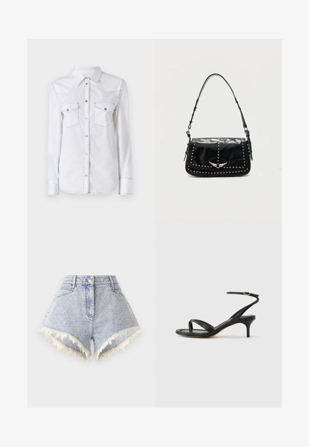 Weißes Langarmhemd mit spitzem Kragen, zwei Brusttaschen, kontrastierenden Nähten und abgerundetem Saum. Mit Metallknöpfen.; Hellblaue Denim-Shorts mit einem ausgefransten Saum und weißen Akzenten, ausgestattet mit einem vorderen Knopfverschluss und zwei Gesäßtaschen.; Schwarze Ledersandale für Damen mit dünnen Riemchen, einer Zehenlasche, einer Knöchelschnalle und einem mittelhohen Stöckelabsatz vor neutralem Hintergrund.; Schwarze Leder-Schultertasche mit silbernen Nieten und geflügeltem Metall-Emblem auf der Frontklappe vor einfarbigem Hintergrund.