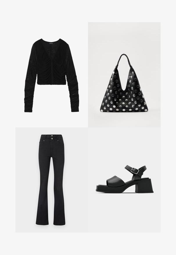 Sort cropped top lavet af gennemsigtig, tekstureret stof med lange, rynkede ærmer og en dyb V-halsudskæring. Har detalje med forkert samling foran.; Sorte højtaljede jeans med flared ben, forlommer, bæltestropper og to sølvknapper ved taljen.; Sorte læder platform sandaler med peep-toe design, ankelrem og en kraftig firkantet hæl. Glat tekstur og minimalistisk stil.; Sort lædertaske med en trekantet form, udstyret med sølvfarvede metallic prikker og et tekstureret håndtag. Generelt glat finish.