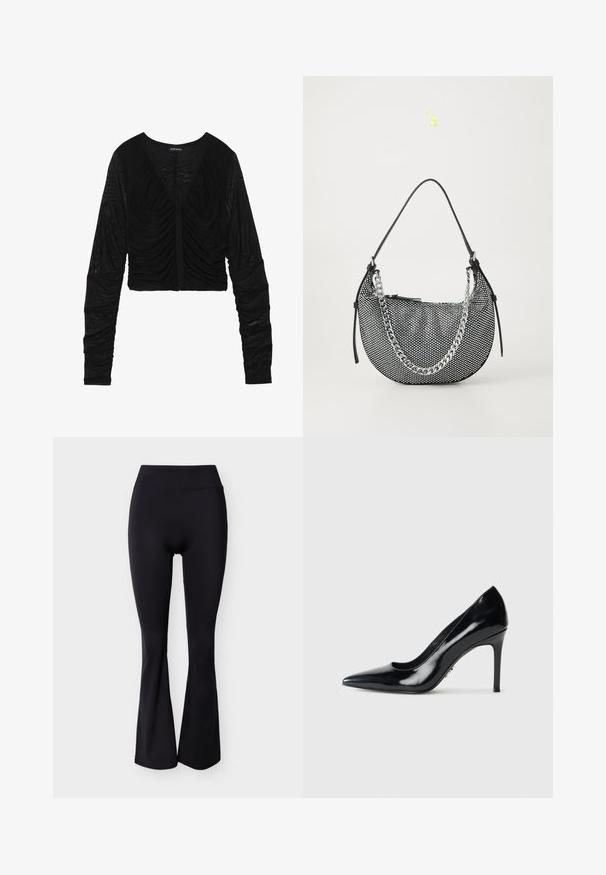 Zwarte crop top van doorzichtig, textuurrijk materiaal met lange, geplooide mouwen en een diepe V-hals. Kenmerkt zich door een detailing met gathers aan de voorkant.; Zwarte leggings met hoge taille en wijde pijp, gemaakt van een gladde stof zonder zichtbare patronen of versieringen.; Zwarte gepatineerde leren, puntige high heel pumps met slanke stiletto hak op een plain witte achtergrond.; Zwarte mesh handtas met een maansvorm, voorzien van een zilveren kettingband en zwarte leren accenten. Getextureerd oppervlak met een ritssluiting.