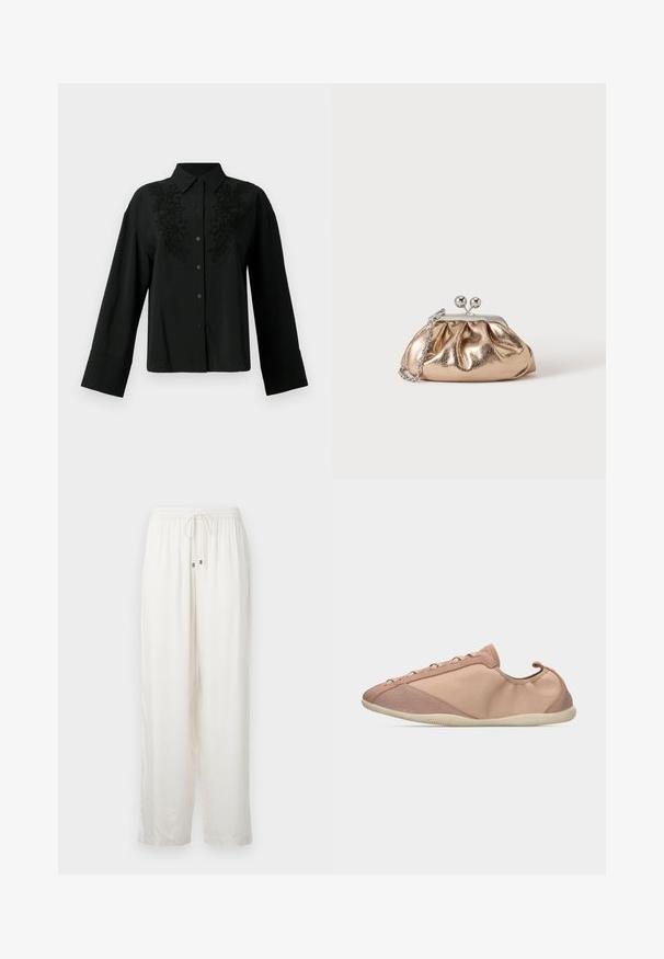 CLOSED Hemdbluse - black; Weiße, leichte, locker sitzende Hose mit elastischem Bund und Kordelzug. Hat einen dezenten Glanz und ein gerades Bein Design.; Hellrosa minimalistischer Sneaker mit weichem Stoffobermaterial, dünner weißer Gummisohle und Schnürung vorne, seitlich auf weißem Hintergrund abgebildet.; Kleine goldene Metallic-Clutch mit silbernem Verschluss und Kettengurt auf einfachem hellem Hintergrund.