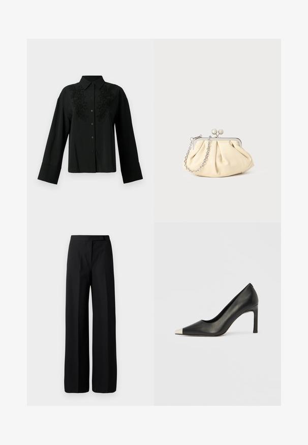 CLOSED Chemisier - black; Pantalons noirs à jambe large avec une texture lisse et mate. Ceinture plate sans matériel ni motifs visibles. Design simple et élégant.; Chaussure à talon haut en cuir noir avec bout pointu et capuchon argenté métallique. Présente une finition lisse et un talon fin de 10 cm.; Pochette en cuir beige plissé avec un cadre en métal argenté, dotée de deux fermoirs ronds décoratifs et d'une chaîne en argent.