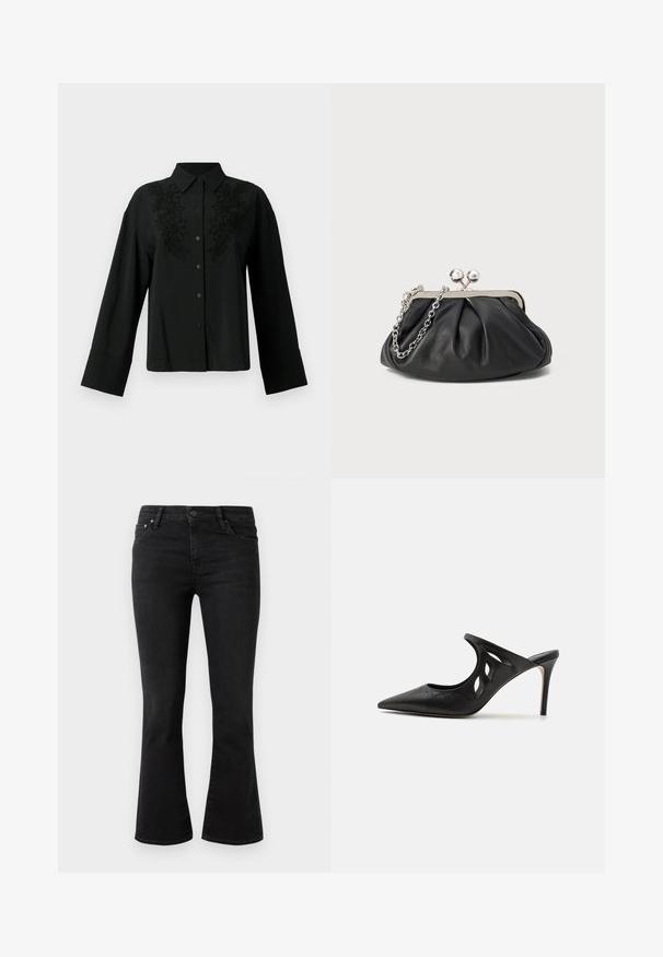 CLOSED Skjortebluser - black; Sort flagrende jeans i denim stof, med et klassisk 5-lomme design, frontlukning med knap og let slid på lårene.; Sorte læder højhælede mules med spids tå, udskåret sideskærm og glat tekstur. Stiletthæl og subtil syning.; Sort læder clutch med samlet tekstur, sølvfarvet metalramme, kys-lås lukning og kædestrop. Glat, blød overflade.