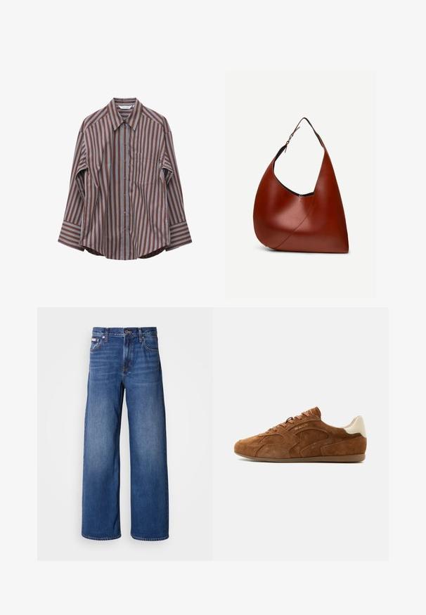 Chemise marron à boutons avec des rayures verticales bleu clair et blanches, manches longues, poche poitrine et col pointu.; Jeans en denim à jambes larges de couleur bleu foncé, avec une taille haute, cinq poches et un dégradé subtil sur l'avant pour plus de texture et de détails.; Baskets basses en daim marron à lacets sur l’avant, patch blanc au talon et semelle en caoutchouc plate, vues de côté sur fond blanc.; Sac hobo en cuir marron avec une seule bandoulière réglable, corps incurvé et couture diagonale visible sur un fond blanc.