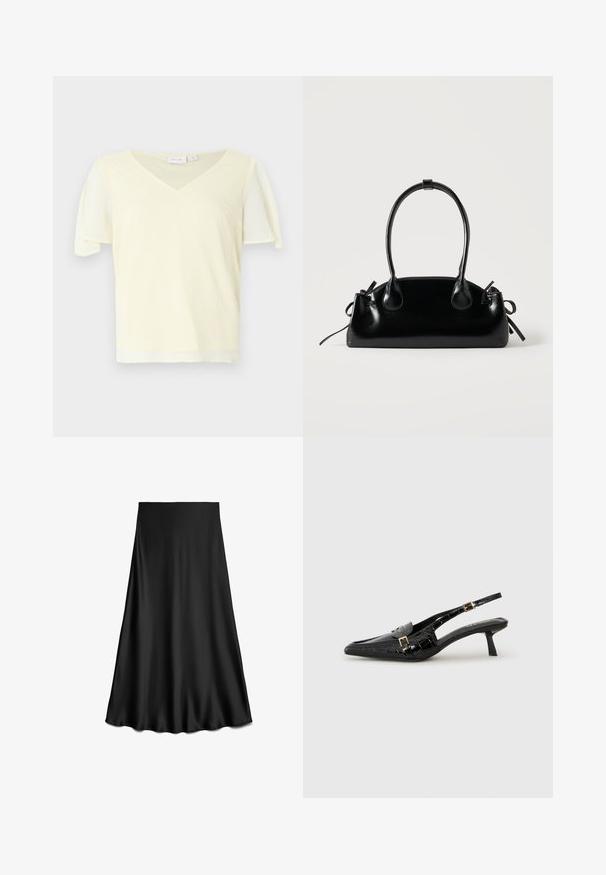 Camiseta amarilla de cuello en V con mangas cortas, confeccionada en tela ligera. Presenta una superficie ligeramente texturizada y un dobladillo recto.; Falda negra de satén en línea A con textura suave y dobladillo fluido, hasta la rodilla, mostrada sobre un fondo blanco.; Zapatos de tacón bajo con tira trasera de charol negro, puntera puntiaguda, textura de cocodrilo y detalles de hebilla dorada.; Pequeño bolso negro brillante con dos asas largas y detalles de cordón lateral sobre un fondo claro liso.