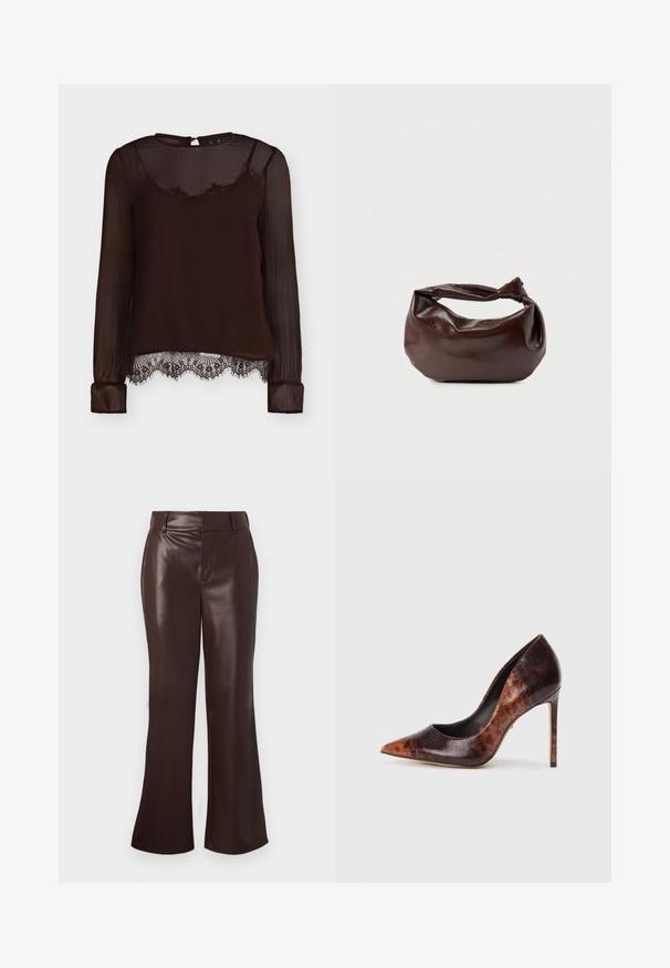 Blouse noire transparente à manches longues avec bordure en dentelle à l'ourlet, col rond et petite fermeture par bouton au dos.; Pantalons évasés en simili cuir marron avec une texture lisse, dotés d'une taille ceinturée et d'une fermeture éclair. Lignes épurées et silhouette élégante.; Des escarpins à bout pointu en cuir brun texturé avec un motif de peau de serpent, dotés d'un talon aiguille et d'une finition lisse et élégante.; Sac bandoulière en cuir marron foncé avec une forme souple et décontractée et une anse nouée torsadée sur un fond blanc uni.