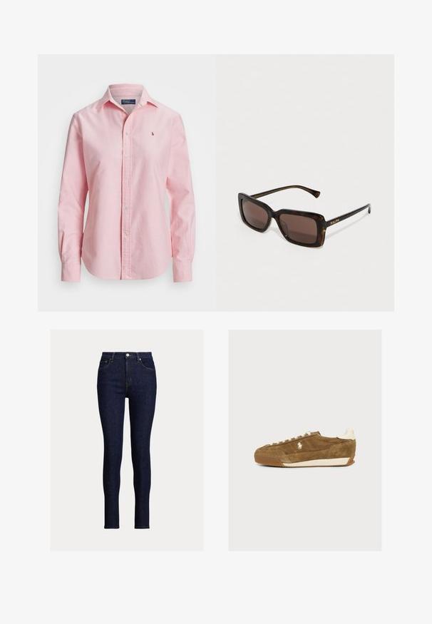 Lichtroze katoenen overhemd met lange mouwen, kraag en een klein geborduurd logo op de borst. Heeft een rechte zoom en een knoopsluiting.; Donkerblauwe skinny jeans van denim. Bevat een hoge tailleband, voorzakken en een kleine metalen knop bij de gulp. Schone afwerking.; Bruine suède sneaker met witte veters, wit logo op de zijkant en witte hielkap, getoond in profiel op een effen achtergrond.; Schildpadprint zonnebril met een dikke, rechthoekige montuur en bruine getinte glazen. Voorzien van gouden "RALPH" branding aan de zijkant.