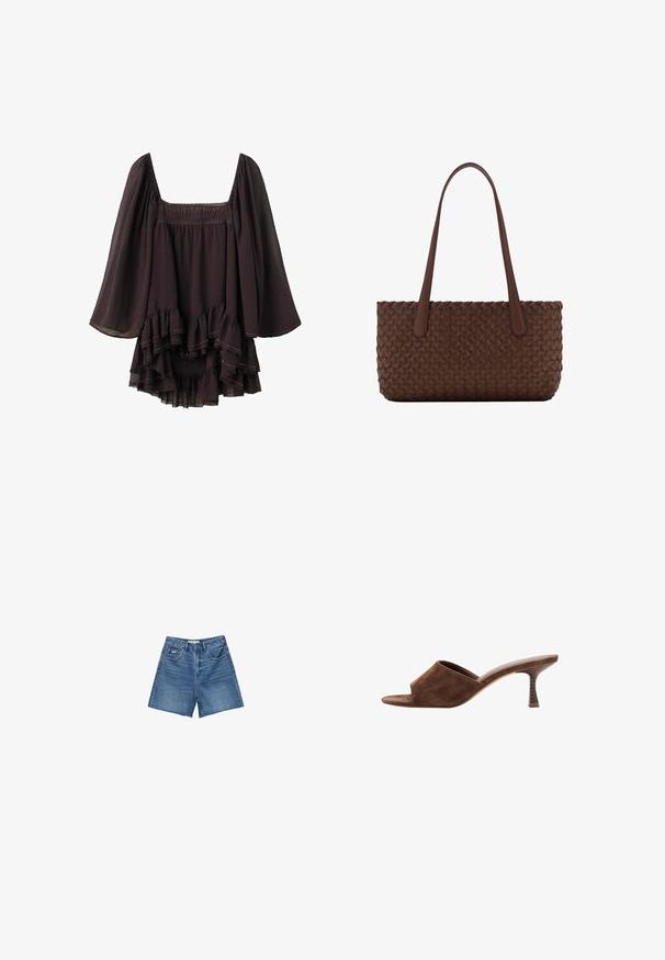 Blouse noire à manches longues avec encolure carrée et ourlet à volants superposés, avec un tissu fluide et ample ainsi que des détails de couture délicats.; Shorts en denim de lavage bleu moyen, avec un design classique à cinq poches, passants de ceinture, et fermeture éclair avec bouton.; Mule en daim marron à bout ouvert, talon en bois incurvé de hauteur moyenne et design à enfiler sur fond blanc.; Sac à main en cuir marron avec un motif tissé, avec deux longues anses fines pour un port à l'épaule.