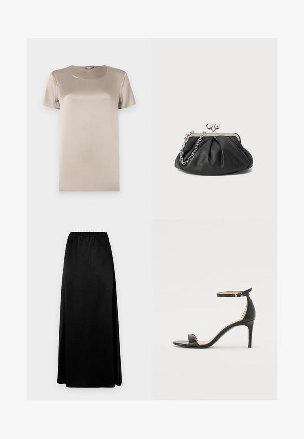 Beige kortærmet T-shirt lavet af glat satin stof med rund halsudskæring og minimalistisk design uden dekorationer.; Lang sort nederdel med en glat, krøllet tekstur og en elastisk talje. Har en sideslids for nem bevægelse og en strømlinet silhuet.; Sort læder højhælede sandaler med ankelrem. Har en glat tekstur, åben tå og en tynd hæl. Guldtonet spænde detalje.; Sort læder clutch med samlet tekstur, sølvfarvet metalramme, kys-lås lukning og kædestrop. Glat, blød overflade.