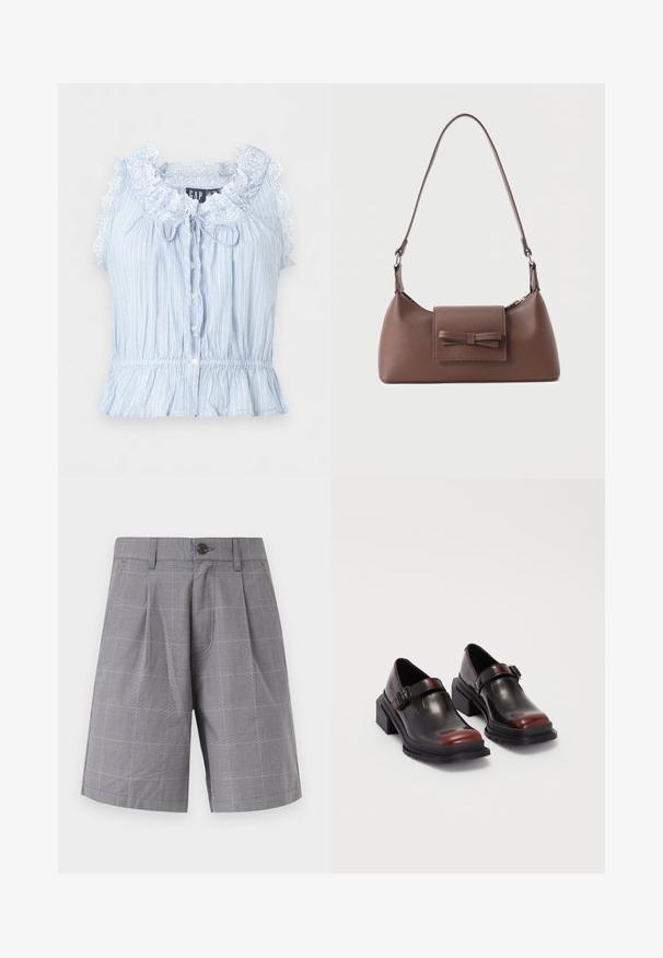 Lichtblauwe mouwloze blouse met witte verticale strepen, kanten afgewerkte geplooide kraag, knopen aan de voorkant en elastische taille met peplumzoom.; Grijze op maat gemaakte shorts met subtiel ruitpatroon, voorplooien, ceintuurlussen, zijzakken en een enkele zwarte knoopsluiting.; Leren blokhak schoenen met een glanzende donkerburgundy afwerking, voorzien van een gespstrap en een rond neusstuk. Getextureerde zool voor grip.; Bruine leren schoudertas met een voorvak met klep en een gestikte strikdetail en een verstelbare band.