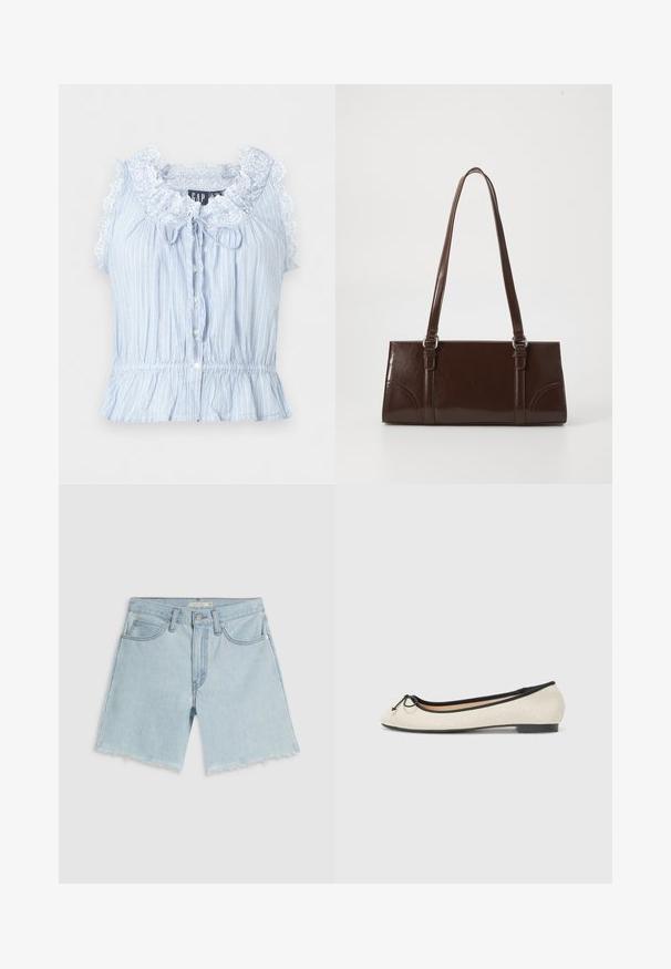 Blusa sin mangas azul claro con rayas verticales blancas, cuello con volantes y encaje, botones delanteros y cintura elástica con volante en el bajo.; Pantalones cortos de mezclilla azul claro con dobladillo deshilachado, cuatro bolsillos y cremallera; presentan un sutil desgastado y herrajes de tono plateado.; Bailarinas en un tejido beige con un ribete negro. Presentan una punta redondeada y un pequeño lazo en la parte delantera. Suela de bajo perfil.; Bolso de mano de piel sintética marrón con forma rectangular, dos asas largas y sutiles acentos curvados en la parte delantera.