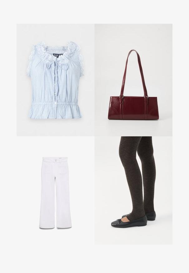 Blouse sans manches bleu clair à rayures verticales blanches, col à volants bordé de dentelle, boutons devant et taille élastique avec basque.; Pantalon blanc taille haute à jambes larges avec poches plaquées devant, passants de ceinture et fermeture double bouton sur fond blanc uni.; Jambes portant des leggings côtelés foncés associés à des ballerines noires avec de petits détails en nœud sur fond blanc.; Sac à main bordeaux en matériau brillant, de forme rectangulaire, avec deux anses et des accents légèrement courbés à l'avant.