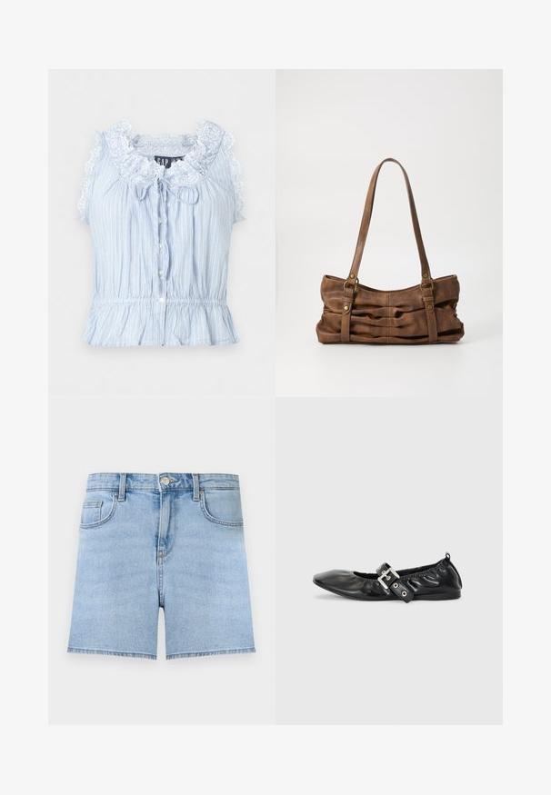 Blouse sans manches bleu clair à rayures verticales blanches, col à volants bordé de dentelle, boutons devant et taille élastique avec basque.; Short en jean bleu clair avec bouton à l'avant, fermeture éclair, passants de ceinture et design cinq poches sur un fond uni.; Chaussure plate en cuir noir avec un nez pointu, des détails froncés autour de l'ouverture et un accent en boucle argentée sur la bride ajustable.; Even&Odd by Zalando Sac à main - brown