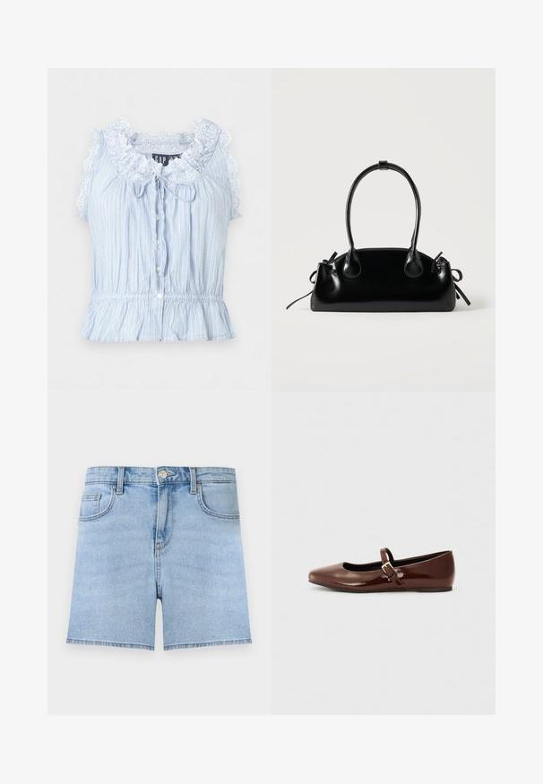 Blouse sans manches bleu clair à rayures verticales blanches, col à volants bordé de dentelle, boutons devant et taille élastique avec basque.; Short en jean bleu clair avec bouton à l'avant, fermeture éclair, passants de ceinture et design cinq poches sur un fond uni.; Ballerine en cuir verni marron avec un bout carré et une lanière ornée d'une petite boucle dorée. Texture lisse, talon bas et design minimaliste.; Petit sac à main noir brillant avec deux longues anses et des détails à cordon sur les côtés sur un fond clair uni.