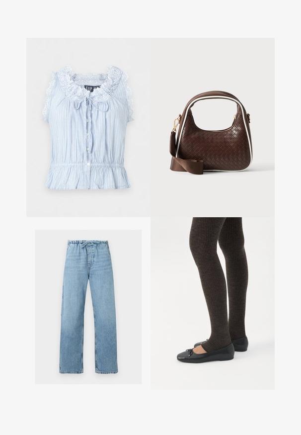 Blouse sans manches bleu clair à rayures verticales blanches, col à volants bordé de dentelle, boutons devant et taille élastique avec basque.; Jean en denim bleu clair avec jambes larges, taille élastique et lien à cordon, présenté à plat sur fond blanc.; Jambes portant des leggings côtelés foncés associés à des ballerines noires avec de petits détails en nœud sur fond blanc.; Sac à main en cuir tressé marron avec passepoil blanc, fermeture éclair dorée et bandoulière amovible en tissu marron.