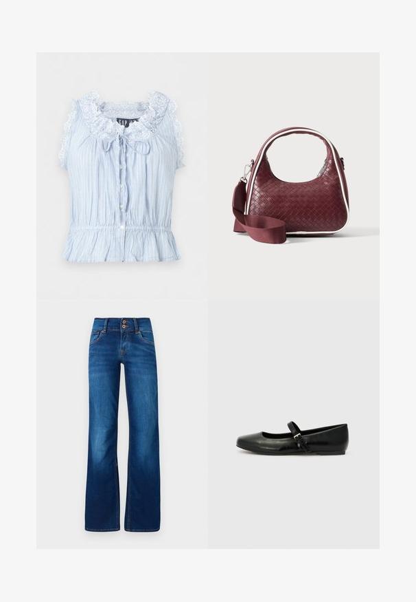 Blusa sin mangas azul claro con rayas verticales blancas, cuello con volantes y encaje, botones delanteros y cintura elástica con volante en el bajo.; Jeans de pernera ancha en denim azul, con dos botones frontales, costuras naranjas y una textura suave. Diseño clásico de cinco bolsillos.; Bailarinas de cuero negro con punta redondeada, suela plana y una delgada correa ajustable en el empeine que cuenta con una hebilla de metal.; Bolso de mano de cuero tejido color granate con asa curva, ribete blanco, cremallera plateada y correa desmontable de tela ancha para el hombro sobre fondo liso.
