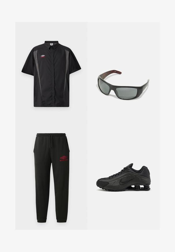 Camisa negra de manga corta con botones, paneles laterales grises y logo de Umbro en rojo y blanco en el pecho izquierdo.; Pantalones de chándal negros con cintura y puños elásticos, bolsillos laterales y logo rojo de Umbro en el muslo izquierdo.; Zapatillas de running negras con un upper sintético liso, detalles perforados, paneles laterales texturizados y una suela distintiva y elástica.; Arnette HOT SHOT - Gafas de sol - dark grey