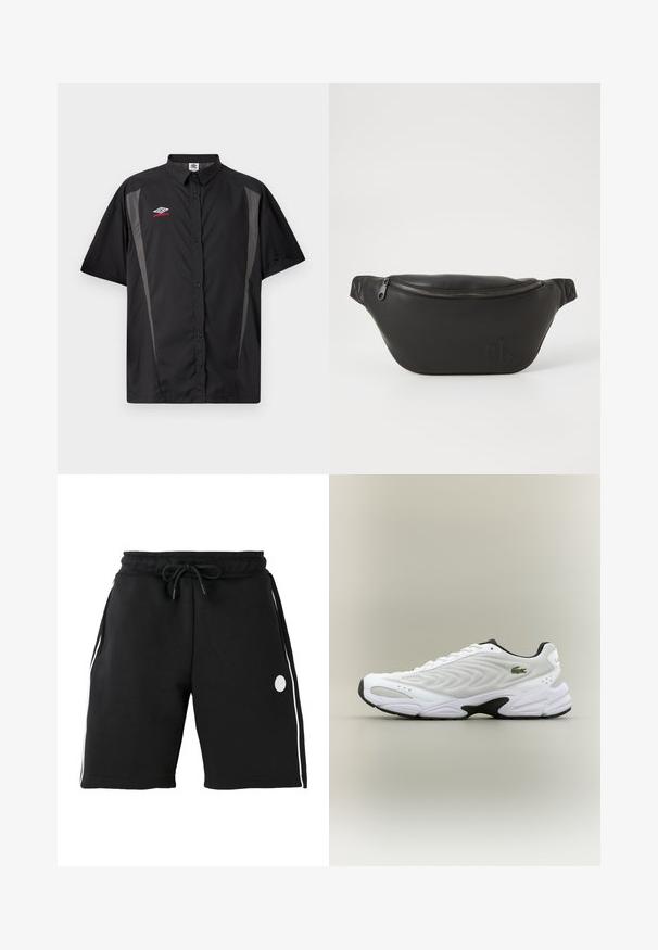 Sort kortærmet skjorte med knapper, grå sidepaneler og rød-hvid Umbro-logo på venstre bryst.; Sorte knælange shorts med elastisk linning og snøre, hvide verticale sidestriber og lille rundt logo på venstre lår.; Hvide atletiske sko med tekstureret mesh-overdel, buet design og kontrasterende sort ydersål. Har en grøn broderet logo på siden.; Sort læder talje taske med lynlåslukning og præget "cK" logo på fronten, vist mod en simpel hvid baggrund.
