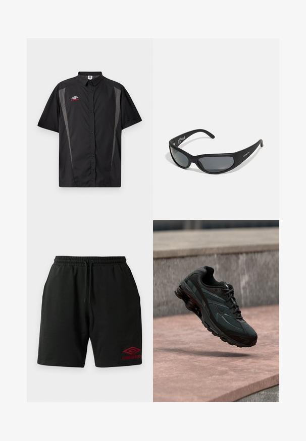 Schwarzes, kurzärmeliges Hemd mit Knopfleiste, grauen Seitenteilen und rotem sowie weißem Umbro-Logo auf der linken Brust.; Schwarze Shorts mit Kordelzug, seitlichen Taschen und rotem Umbro-Logo, das am linken Bein unten gestickt ist.; Schwarzer athletischer Sneaker mit sichtbarer Air-Cushioning-Zwischensohle, der über einer rosa Steinoberfläche mit grauer Steinmauer im Hintergrund schwebt.; Schwarze Sonnenbrille mit einem geschwungenen Rahmen und dunklen Gläsern. Sie verfügt über eine matte Oberfläche und den Markennamen "ARNETTE" an der Seite.