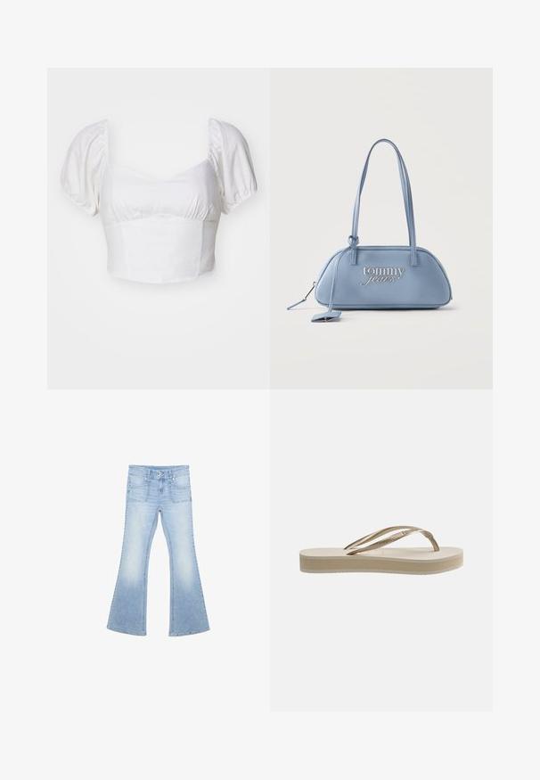Top blanc court avec des manches bouffantes, fabriqué en tissu léger. Présente un décolleté arrondi et des détails froncés au niveau de la poitrine.; Jean en denim bleu clair avec une taille haute, deux poches avant, une fermeture à double bouton et des jambes évasées.; Sandale tongs beige avec semelle texturée et bride en forme de Y métallique dorée sur fond blanc.; Sac à main Tommy Jeans bleu clair avec longues lanières, forme rectangulaire arrondie et fermeture éclair visible avec tirette.