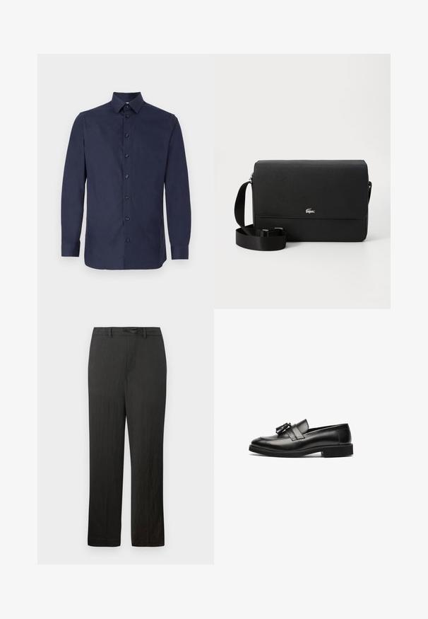 Chemise de couleur bleu marine, boutonnée, en tissu lisse, avec un col classique, des manches longues et sept boutons noirs le long du devant.; Pantalons noirs à jambes droites avec une texture lisse, dotés d'une taille à cordon de serrage et d'un tissu léger et discret.; Mocassins en cuir noir avec une surface lisse, un bout arrondi et un gland décoratif sur la bride. Semelle plate et détails de couture subtils.; Sac en cuir noir à bandoulière avec une texture lisse, un rabat avant, un accent logo argenté et une bandoulière en tissu réglable.