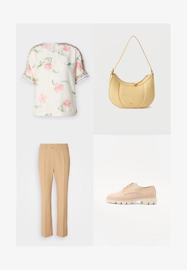 Kortærmet cremefarvet bluse med rosa blomstermønster og grønne blade, med dekorative grønne og blå kantmønstre på ærmerne.; Beige skræddersyede bukser med lige ben, der har to frontfald, en flad front og et glat, let materiale.; Beige ruskind snørebåndssko med rund tå, tekstureret overdel og en kraftig, cremefarvet gummisål med udtalt mønster for godt greb.; Gul skuldertaske i kunstlæder med et buet, quiltet design og lynlåslukning, der har en glat struktur og en tonet skulderrem.