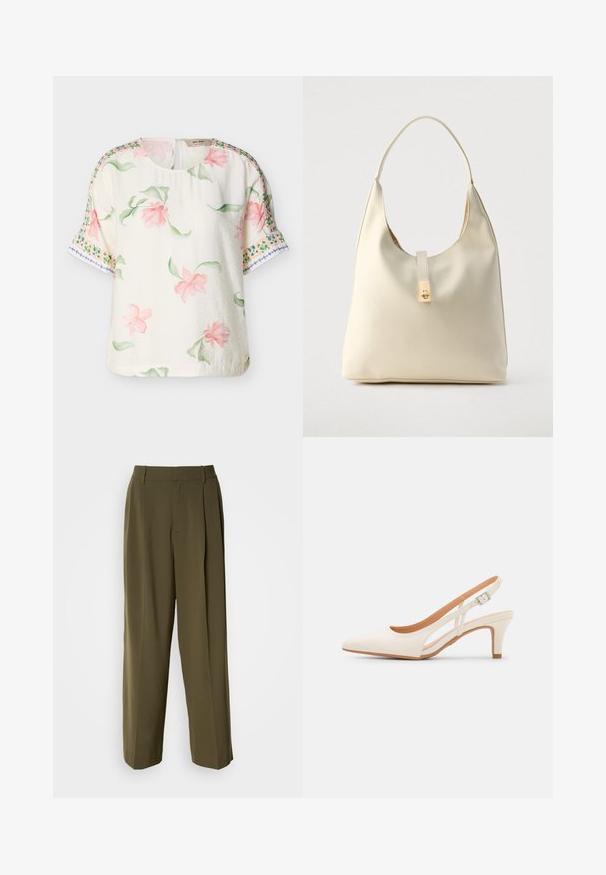 Roomkleurige blouse met korte mouwen, roze bloemenprint en groene bladeren, met decoratieve groene en blauwe randpatronen op de mouwen.; Olijfgroene wijde broek van een gladde stof, met een hoge taille, plooien aan de voorkant en zijzakken voor functionaliteit.; Witte slingback hak met een spitse neus, glad bovenmateriaal, lage blokhak en een design met uitsparingen aan de zijkant, voorzien van een verstelbare gespsluiting.; Crèmekleurige leren hobo-tas met een enkele schouderband, een gladde textuur en een goudkleurige sluiting aan de voorkant.