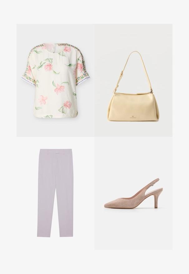 Blusa corta de manga corta en color crema con estampado floral rosa y hojas verdes, con patrones decorativos en los bordes verdes y azules en las mangas.; Pantalones lilas claros hechos de una tela suave, con un corte entallado, trabillas para cinturón y un diseño de pierna recta.; Zapato de tacón alto tipo slingback en suave ante beige, con punta afilada, tacón delgado y correa ajustable en el tobillo con hebilla redonda.; Bolso de hombro beige rectangular con correa ajustable y cierre de cremallera, con un pequeño logo "Anna Field" en el centro frontal.