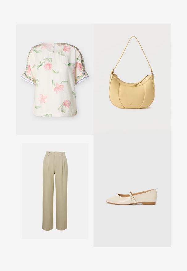 Kortærmet cremefarvet bluse med rosa blomstermønster og grønne blade, med dekorative grønne og blå kantmønstre på ærmerne.; Beige, bredde benbukser lavet af glat stof, med forlængerplisseringer, skræddersyet taljebånd og sidelommer. Renset kantfinish.; Beige patentlæder balletflade med firkantet tå, lille hæl og justerbar ankelrem med guldspænde accent.; Gul skuldertaske i kunstlæder med et buet, quiltet design og lynlåslukning, der har en glat struktur og en tonet skulderrem.
