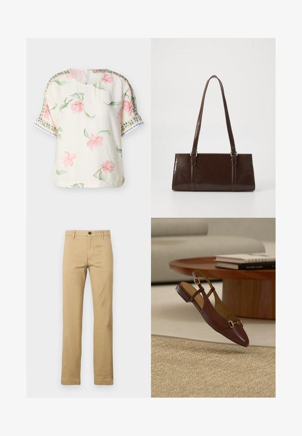 Cremefarbene Bluse mit kurzen Ärmeln und rosa Blumenmuster mit grünen Blättern, versehen mit dekorativen grünen und blauen Bordürenmustern an den Ärmeln.; Khaki Chinos aus Baumwolle mit geradem Bein, zwei vorderen Taschen, einem abnehmbaren Knopfverschluss und Gürtelschlaufen, mit einer glatten Textur.; Brauner Lederslingback-Flachschuh mit goldener Schnalle, auf beigem strukturiertem Teppich neben rundem Holztisch mit gestapelten Büchern platziert.; Braune Lackleder-Handtasche in rechteckiger Form, mit zwei langen Griffen und subtilen, geschwungenen Akzenten auf der Vorderseite.