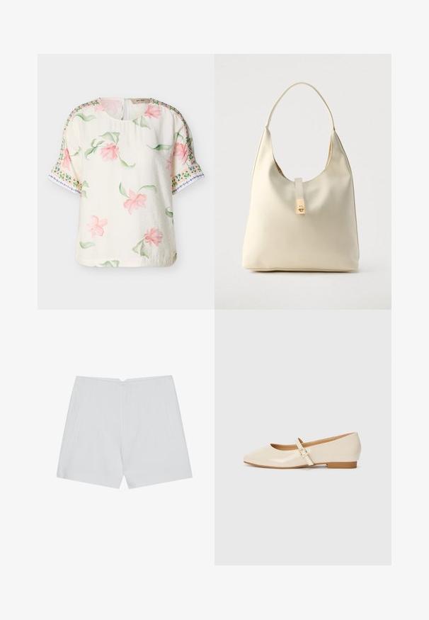 Kortærmet cremefarvet bluse med rosa blomstermønster og grønne blade, med dekorative grønne og blå kantmønstre på ærmerne.; Hvide shorts med et skræddersyet design, flad front, to sidelommer og en ren kant. Fremstillet af et glat stof uden synlige mønstre.; Beige patentlæder balletflade med firkantet tå, lille hæl og justerbar ankelrem med guldspænde accent.; Hobo-taske i cremefarvet læder med en enkelt skulderrem, glat tekstur og et guldfarvet spænde foran.