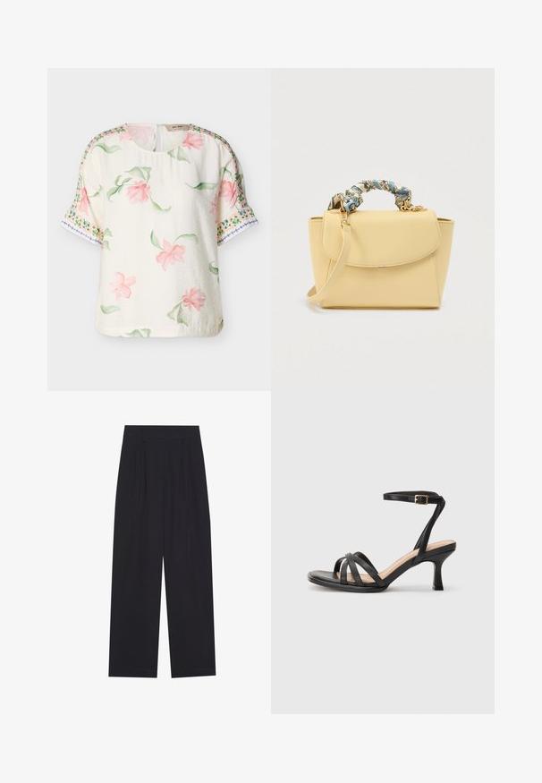 Blusa corta de manga corta en color crema con estampado floral rosa y hojas verdes, con patrones decorativos en los bordes verdes y azules en las mangas.; Pantalones anchos negros de tela suave, con pliegues, cinturilla plana y sin bolsillos ni adornos visibles.; Sandalias negras de tacón alto con múltiples tiras finas en la parte delantera, una sola tira en el tobillo con un hebilla dorada y punta cuadrada.; Pequeño bolso beige con asa superior envuelta en tela con patrones azules y crema, cierre de solapa y correa de hombro desmontable sobre fondo blanco.
